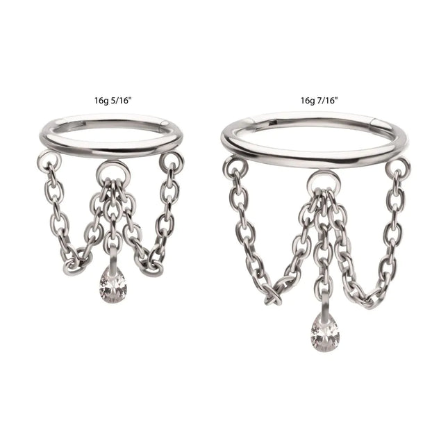 Invictus Titanium Triple Chain Dangle with Floating Teardrop Gem Hinged Segment Clicker