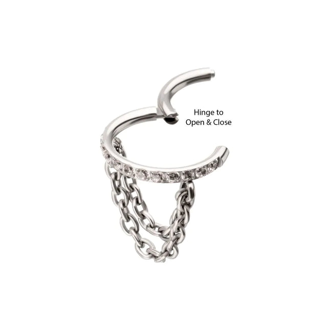 Invictus Titanium Pave Gem Hoop with 2-Tier Chain Dangle Hinged Segment Clicker