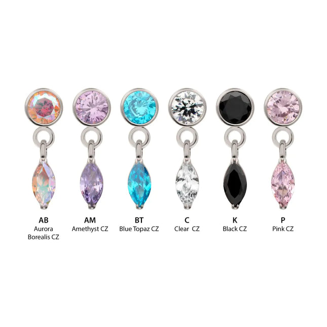 Invictus Titanium Threadless Bezel Gem Top with Marquise Dangle