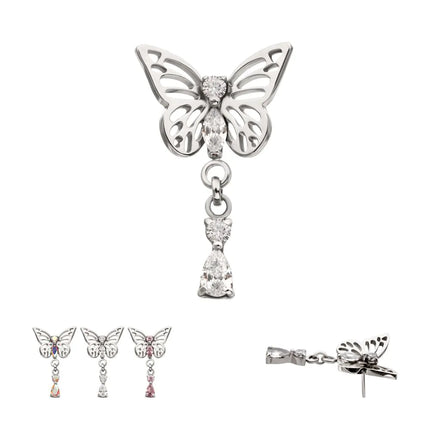 Invictus Titanium Threadless Butterfly Top with Prong Set 2-Gem Dangle