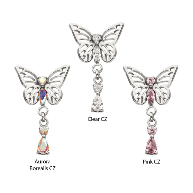 Invictus Titanium Threadless Butterfly Top with Prong Set 2-Gem Dangle