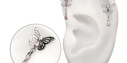 Invictus Titanium Threadless Butterfly Top with Prong Set 2-Gem Dangle